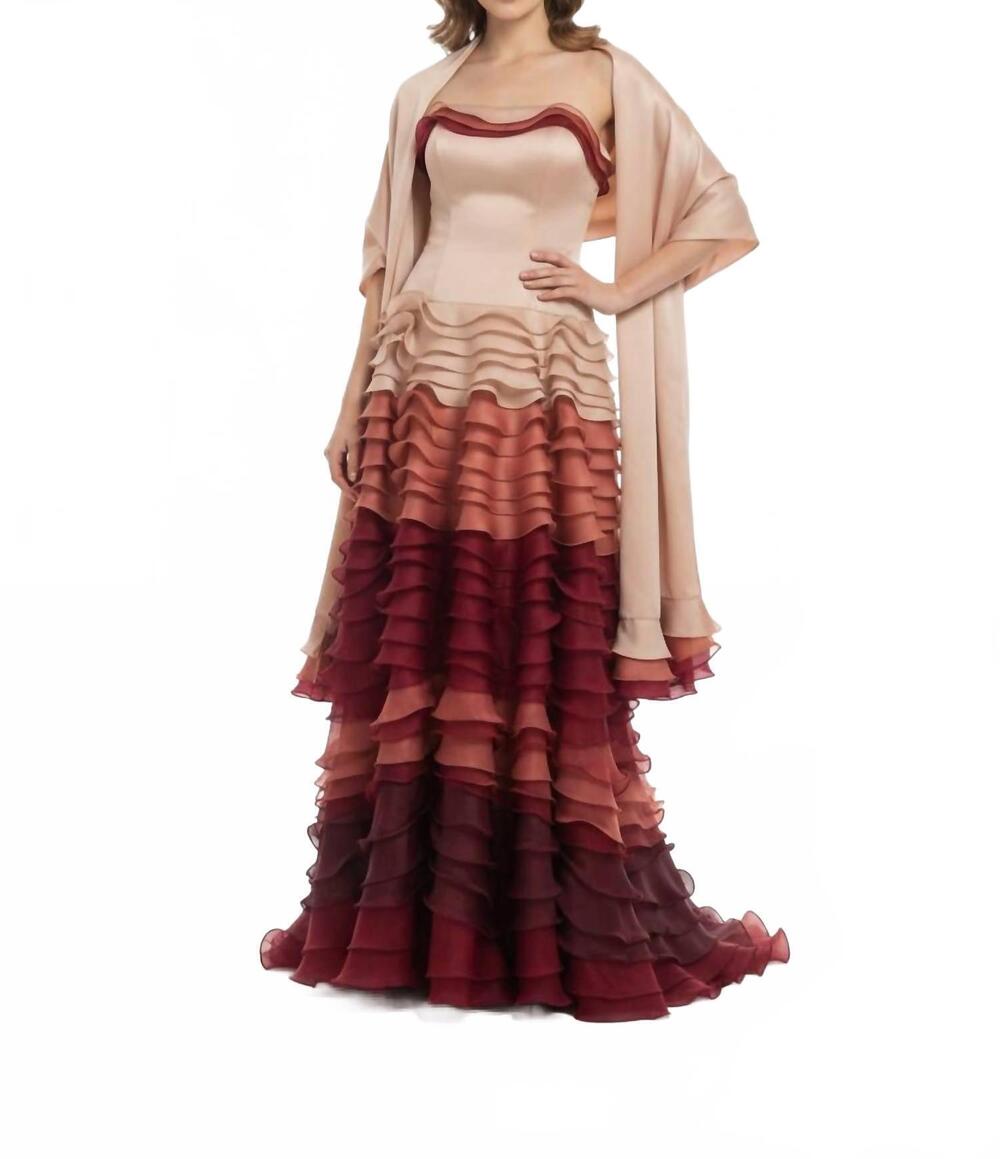 NEW ISABEL SANCHIS strapless tiered evening gown with wrap in multicolor